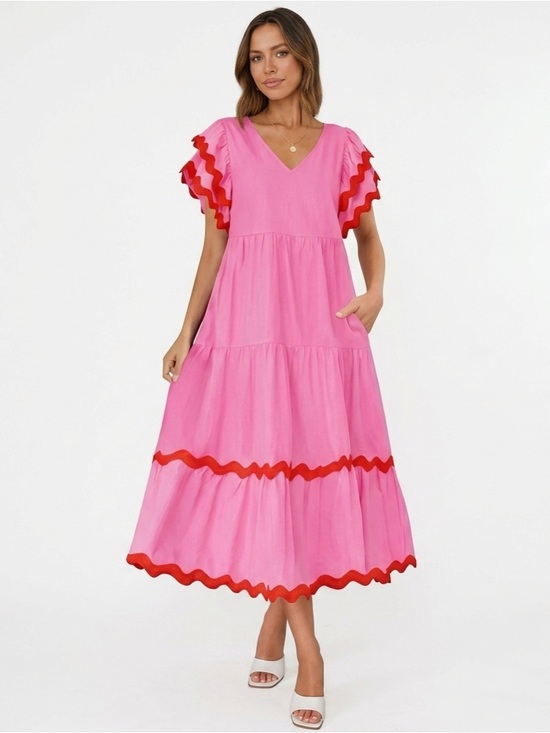 Zesica Dresses & Skirts - Zesica Women Summer Midi Dress V Neck Flutter Short Sleeve , Pinlk Size Small